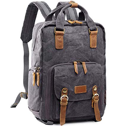 Father‘s Day Gift S-ZONE Waterproof Waxed Canvas Camera Backpack Camera Case 14 inch Laptop and Tripod (Gray)