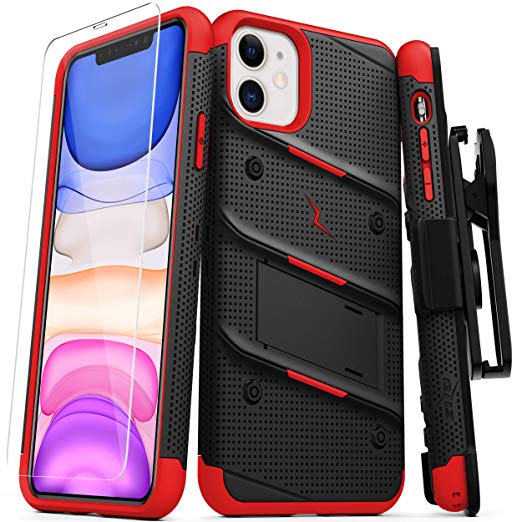 ZIZO Bolt Series iPhone 11 Case - Heavy-Duty Military-Grade Drop Protection w/Kickstand Included Belt Clip Holster Tempered Glass Lanyard - Black/Red