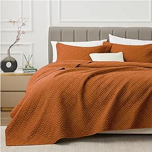 EXQ Home Quilt Set Full/Queen Size Umber 3 Piece,Lightweight Soft Coverlet Modern Style Squares Pattern Bedspread Set(1 Quilt,2 Pillow Shams)