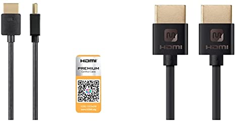 Monoprice High Speed HDMI Cable - 2 Feet - Black| Certified Premium, 4K@60Hz, HDR, 18Gbps, 36AWG & HDMI High Speed Cable - 1.5 Feet - Black, 4K@60Hz, HDR, 18Gbps, 36AWG, YUV 4:4:4 - Ultra Slim Series