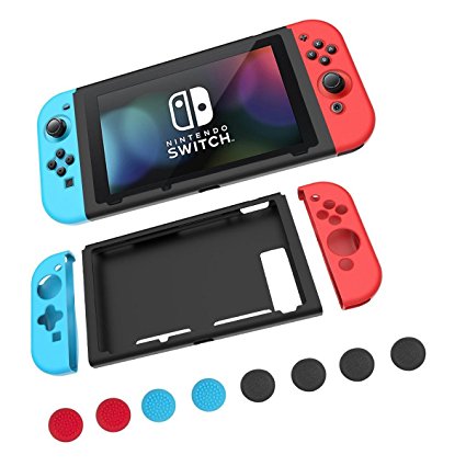 Mosiso Case for Nintendo Switch, Protective Silicone Cover Lightweight Anti-slip Joy-Con Guards with 8 Thumb Grip Caps for Nintendo Switch, Red and Blue