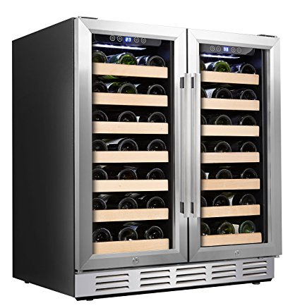 Kalamera 30'' Wine Cooler 66 Bottle Dual Zone Built-in and Freestanding with Stainless Steel and Glass French-Door Style