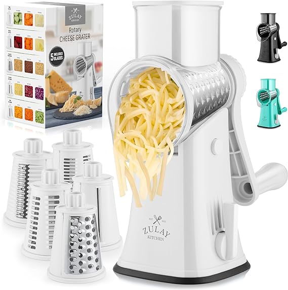 Rotary Cheese Grater with Handle & Upgraded Suction Base - Cheese Shredder with 5 Interchangeable Stainless Steel Blades - Multifunctional Vegetable Cutter & Nut Grinder with Blade Storage Box (White)