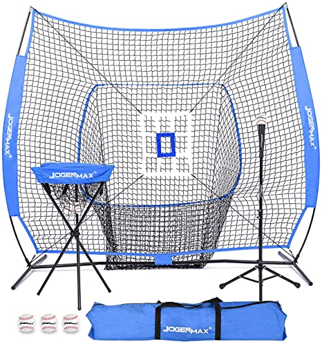 JOGENMAX 7x7 DLX Practice Net   Deluxe Tee   Ball Caddy   3 Training Ball/Strike Zone Bundle   Carrying Bag | Baseball Softball Pitching Batting Training Equipment Set