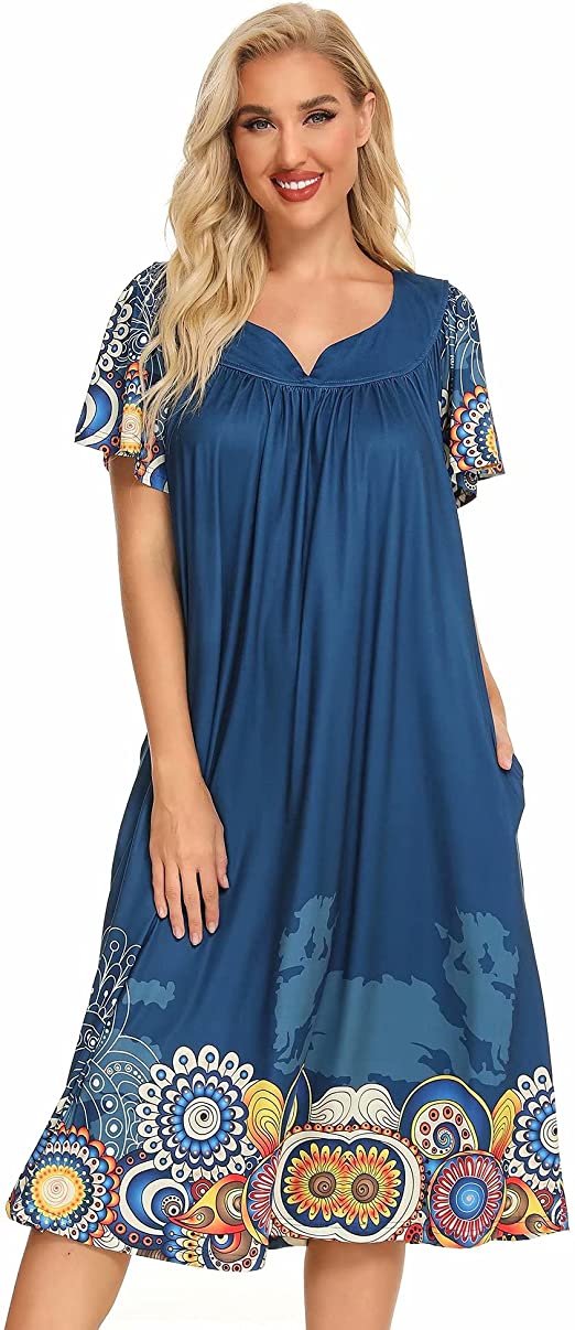 Bloggerlove House Dresses for Women With Pockets Mumu Duster Housecoat Short Sleeve Patio Dress S-XXL