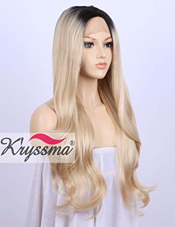 K’ryssma Ombre Blonde Synthetic Lace Front Wigs For Women - 2 Tone Color Black Roots to Blond Long Natural Wavy Heat Resistant Synthetic Hair Replacement Wig for New Year 24 inches