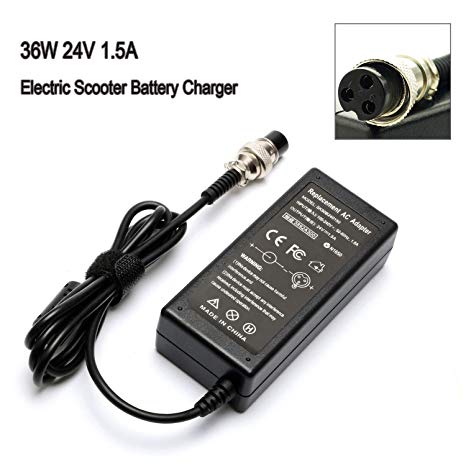 36W 24V 1.5A Electric Scooter Battery Charger for Razor E100 E125 E150 E175 E200 E300 E500 MX350 3-Prong;Mini Chopper; Dirt Quad; Pocket Rocket; Pocket Mod Electric Scooter 3-Prong Inline