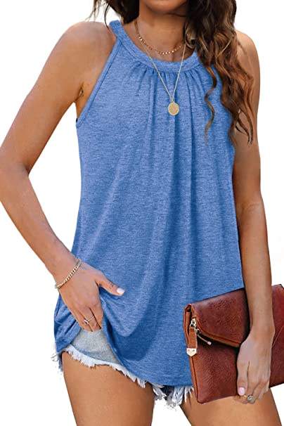 Sieanear Tank Top for Women Summer Halter Tops Pleated Sleeveless Cami Shirts