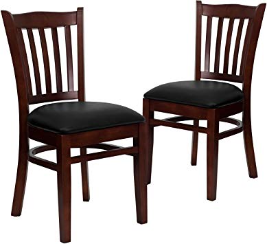 Flash Furniture 2 Pk. HERCULES Series Vertical Slat Back Mahogany Wood Restaurant Chair - Black Vinyl Seat