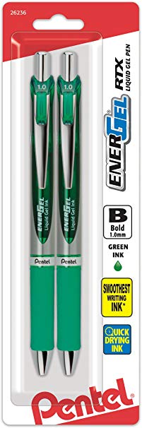 Pentel EnerGel RTX Retractable Liquid Gel Pen, Bold Line, Metal Tip, Green Ink 2-Pack (BL80BP2D)