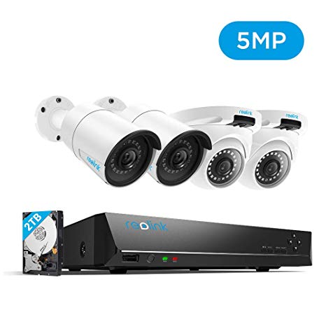 Reolink 8CH HD 5MP PoE NVR Security Camera System w 4x 1920P Outdoor Indoor Bullet Dome PoE IP Cameras with 2TB Hard Drive Suveillance Kit RLK8-410B2D2