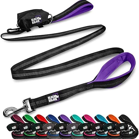 Black Rhino Dog Leash - Heavy Duty - Medium & Large Dogs | 6ft Long Leashes | Two Traffic Padded Comfort Handles for Safety Control Training - Double Handle Reflective Lead (Purple)