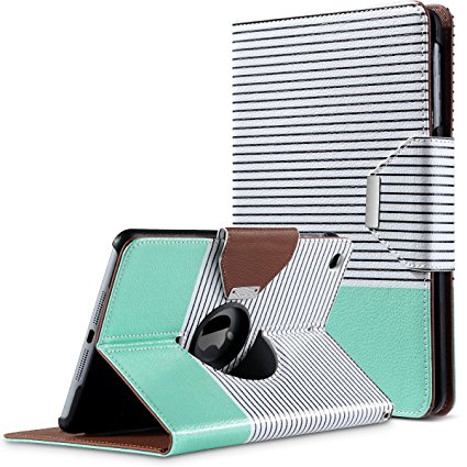 iPad Mini Case,iPad Mini 2 Case,iPad Mini 3 Case,ULAK 360 Degree Rotating Smart Synthetic Leather Stand Case Cover for Apple iPad Mini 1/2/3 with Auto Sleep/Wake Function (Minimal Mint Stripes)