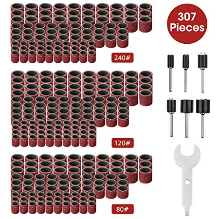 307 Pieces Drum Sander Set GOCHANGE Sanding Drum Kit - 300 Pieces Sanding Band Sleeves (80#/120#/240#)   6 Pieces Drum Mandrels for Dremel Rotary Tool (2.35mm/3.17mm)  1 Combination Wrench