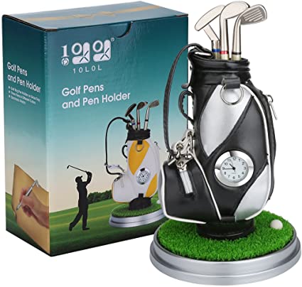 10L0L Mini Desktop Aluminum Alloy Golf Bag Pen Holder with Golf pens Clock 6-Piece Set of Golf Souvenir Event Souvenir Novelty Gift