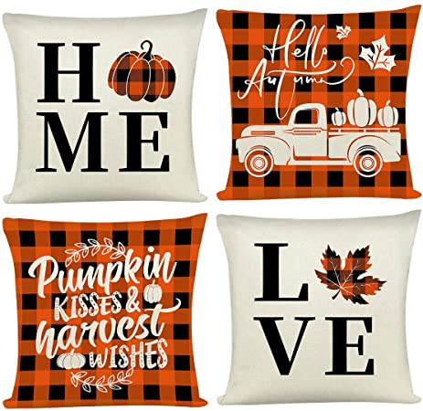 Joyshare Fall Throw Pillow Covers Autumn Farmhouse Plaid Pillow Covers 18×18 Inch Set of 4 Holiday Pillow Case for Sofa Couch Fall Home Decor