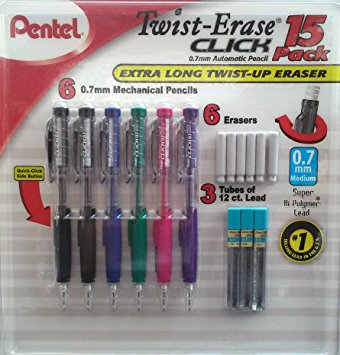 Pentel Twist-Erase Click Contains (6) 0.7mm Automatic Pencils, (6) Extra Long Eraser Refills & (3) Tubes of 12 count lead) New Design, 1 lb by Pentel