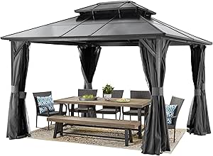 Hardtop Gazebo Double Roof - ABCCANOPY 10x12 Polycarbonate Double Roof Outdoor Gazebo with Netting and Curtain, Outside Canopy Gazebo for Patio, Deck and Backyard (Gray)