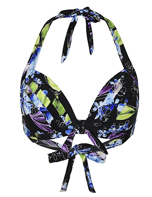 Hilor Women's Vintage 50s Front Tie Bikini Tops Printed Halter Tankini Swimsuit Top .