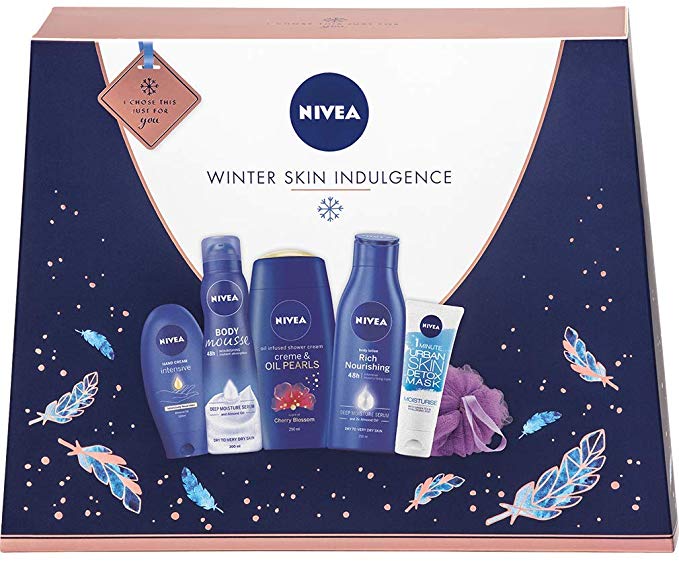 NIVEA Winter Skin Indulgence Gift Set for Her (6 Products), Beauty Gifts for Women, Skincare Gifts for Her, Winter Gift Set for Beautiful-Looking Skin, with Shower Puff