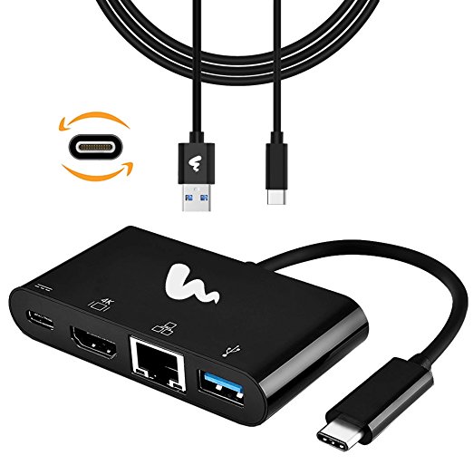 USB C Hub Multiport Adapter to Type-C (usb c) / USB 3.0 / Ethernet (RJ45) / HDMI 4K UHD  BONUS: Cable USB Type-C - USB 3.0 Super Speed (1m) (Black) by miaim