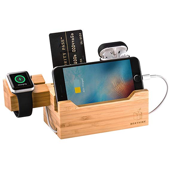 BOXTHINK Charging Dock Airpods Apple Watch Stand Bamboo Wood Charging Station Desk Organization Compatible AirPods/Apple Watch Series3/2/1/iPhone