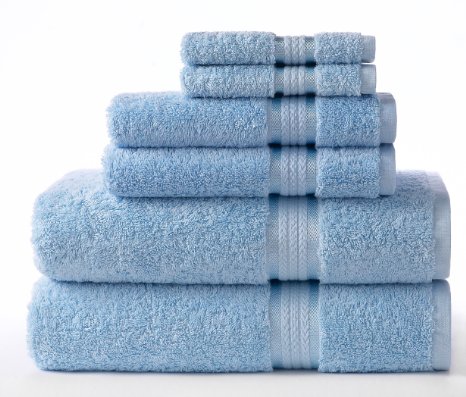 Cotton Craft Ultra Soft 6 Piece Towel Set Light Blue, Luxurious 100% Ringspun Cotton, Heavy Weight & Absorbent, Rayon Trim - 2 Oversized Large Bath Towels 30x54, 2 Hand Towels 16x28, 2 Wash Cloths 12x12