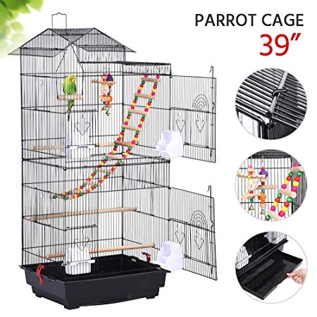 Yaheetech 18''L x 14''W x 39''H Roof Top Large Metal Bird Cage Parrot Cockatiel Conure Parakeet Budgie Finch Lovebird Pet Bird Cage w/1 Ladder & 2 Hanging Toys & 1 Swing