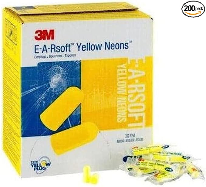 3M Ear Plugs, 200 Pairs/Box, E-A-Rsoft Yellow Neons 312-1250, Uncorded, Disposable, Foam, NRR 33, Drilling, Grinding, Machining, Sawing, Sanding, Welding, 1 Pair/Poly Bag