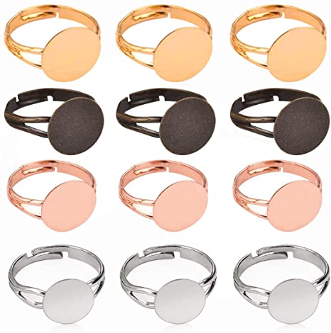 LANBEIDE 40 PCS Blank Rings- Mixed Plated Adjustable Flat 12mm Ring Base Blank Jewelry Findings(Silver, Gold, Rose Gold, Antique Bronze)
