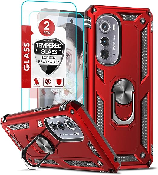 LeYi Phone Case for Moto Edge 2022, Case for Moto Edge 2022 for Women with 2 Pcs Tempered Glass Screen Protector, [Military-Grade] Shockproof Case with Metal Ring Kickstand for Motorola Edge 2022, Red