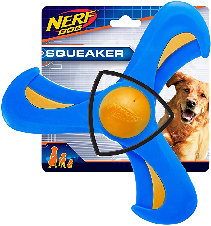 Nerf Dog Tri-Flyer Dog Toy, Frisbee, Lightweight, Durable and Water Resistant, Great for Beach and Pool, 9 inches, for Medium/Large Breeds, Single Unit, Blue and Orange