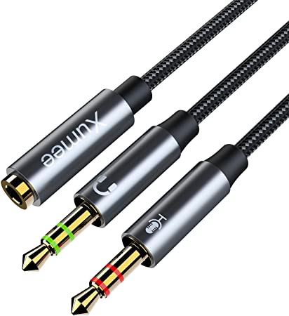 Headphone 3.5mm Splitter Mic Cable for Computer, Headset 3.5mm Female to 2 Dual Male Microphone Audio Stereo Jack Earphones Port to Gaming Speaker PC Adapter (30CM, Grey)