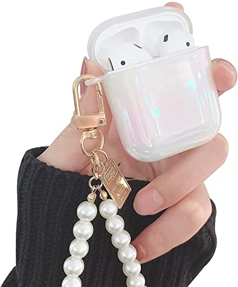 Ownest Compatible with AirPods Case with Pearl Keychain Bling Rainbow Glitter Cute Girls Boys Woman Case Hard PC Cover Case for Airpods 2 &1,Cute for Airpods-White