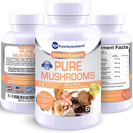 Pure Mushroom Supplement - Lions Mane, Reishi, Chaga, Cordyceps & Turkey Tail - Premium Immune System Booster & Nootropic Brain Complex for Energy, Memory & Focus - 60 Vegan - Pure Micronutrients (1)