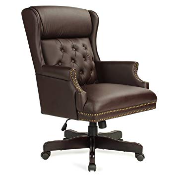 Belleze Wingback Traditional High Back Classic Button Tufted Styling Office Leather Chair with Mahogany Wood Base, Brown