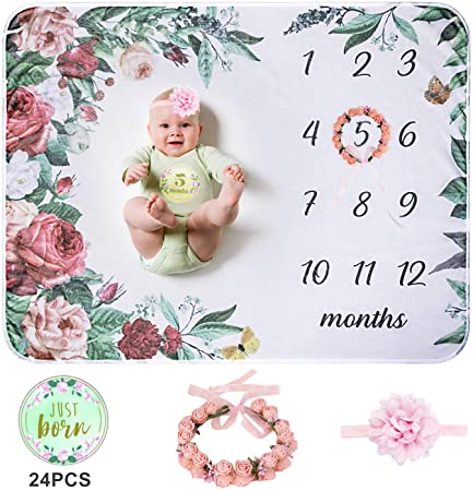 Baby Monthly Milestone Blanket | Floral Monthly Milestone Stickers, Premium Floral Wreath & Headband | Extra Soft Fleece Baby Photo Blankets for Newborn 1-12 Months for Girl and Boy