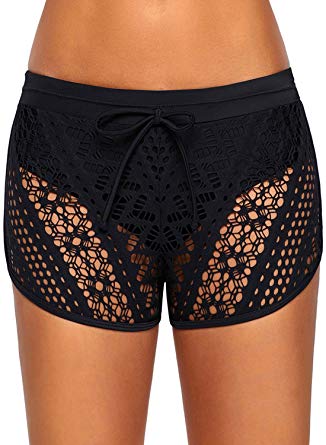 EVALESS Women Black Lace Overlay Bikinis Tankinis Swimwear Shorts Bottom S-XXL