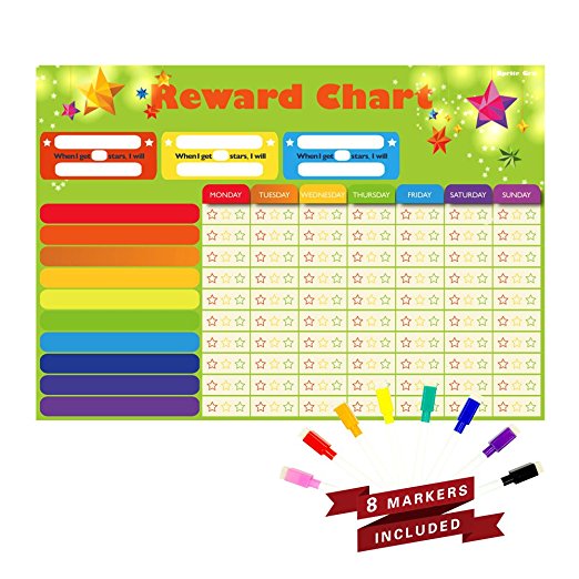 Magnetic Refrigerator Dry Erase Board Reward,Star,Resoposibility,Behavior, Chore Chart with 8 free colorful markers for One or Multiple Kids, Toddlers or Teens.16" X 13". Flat Pack.