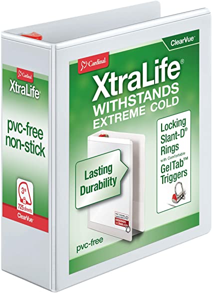 Cardinal 3 Ring Binder, 3 inch Heavy Duty XtraLife Binder, Locking Slant-D Rings, Crack-Resistant Cover & Spine, ClearVue Covers, Holds 725 Sheets, PVC-Free, White (26330)