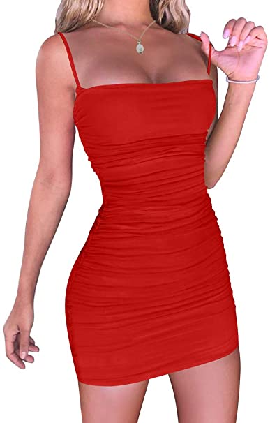 YMDUCH Women's Sexy Bodycon Party Dresses Spaghetti Strap Ruched Mini Club Dress