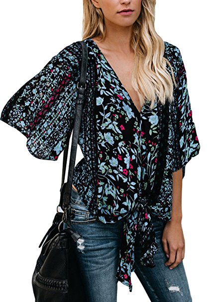 Dokotoo Womens Short Sleeve V Neck Floral Tie Front Flare Tops Chiffon Blouses