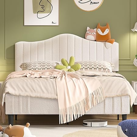 VECELO Upholstered Bed Frame Queen Size, Platform Bed Frame with Adjustable Headboard, Sheepskin Fabric Bed with Strong Wood Slats and 7.9'' Under Bed Space, Noise Free No Box Spring Needed, Beige