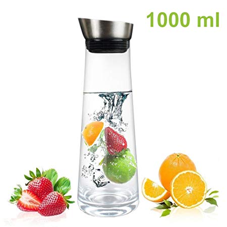 1L/1.5L Glass Water Carafe Pitcher with Stainless Steel Lid, Easy to Pour, Borosilicate Glass Iced Tea Pitcher, Hot and Cold Water Carafe for Water, Milk, Juice, Iced Tea, Lemonade & Sparkling Beverages (1L)