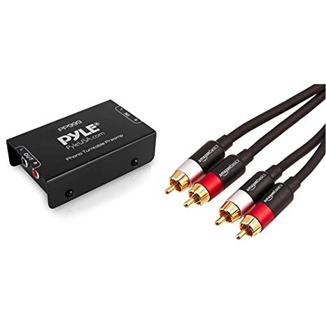 Pyle Phono Turntable Preamp - Mini Electronic Audio Stereo Phonograph Preamplifier & Low Noise Operation Powered by 12 Volt DC Adapter - PP999 & AmazonBasics 2-Male to 2-Male RCA Audio Cable - 4 Feet