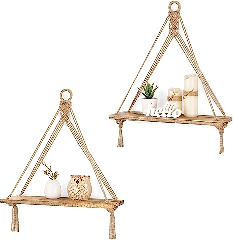 Mkono Macrame Hanging Shelves Boho Wall Decor Set of 2 Rustic Wood Floating Storage Shelf for Bedroom Bathroom Living Room Nursery Dorm Room, Display Shelving for Hanging Plants Photos, Brown