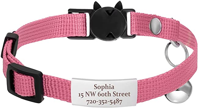 Jiquan Personalized Cat Collars,Breakaway Adjustable Kitten Collars with Name Tag,Cat ID Collar Engraved Pet Name Phone,Safety Collars with Bell,7 Colors,Up to 3 Lines of Custom Text