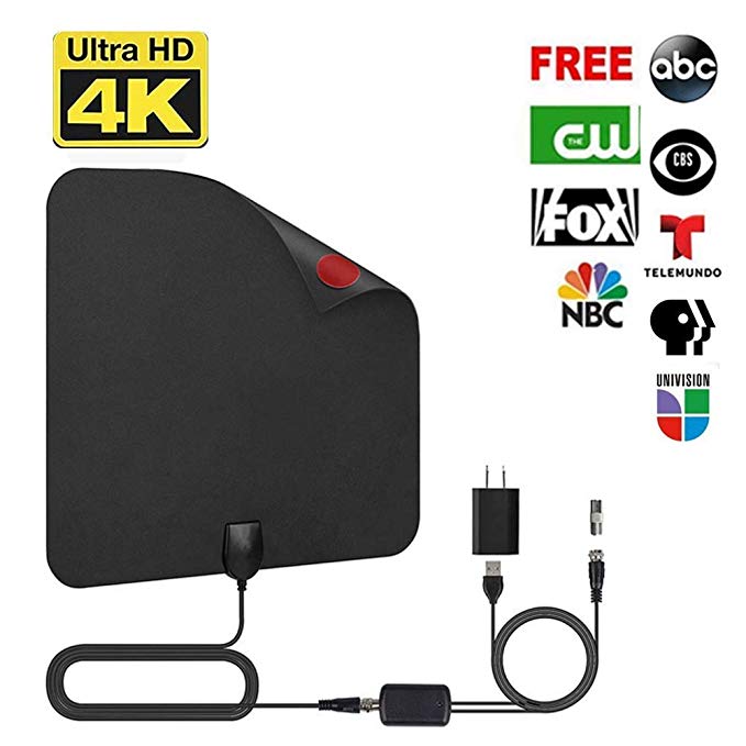 Sumee TV Antenna, Indoor Digital Amplified HDTV Antennas 50-80 Miles Range with Detachable Signal Amplifier, UL Adapter and 16.5FT Longer Coax Cable - Support 4K 1080p (Black)