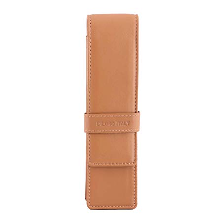 DiLoro Leather Pen Case Pouch Holder for Two Fountain Pens Ballpoint Rollerball Pen or Pencils (Tan)