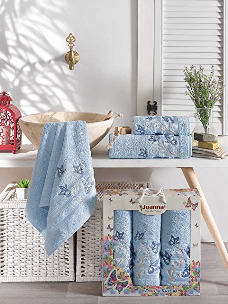 ixirhome Turkish Towel Set 3 Piece,100% Cotton, 1 Bath Towels, 2 Hand Towels, Machine Washable, Gift Set of 3 (Blue)